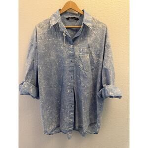 Zara Sky Blue Tie Dye Button Down Poplin Shirt Long Sleeve Size M Women's Style